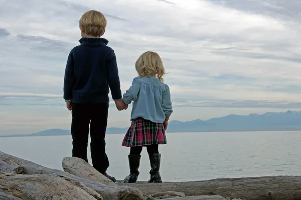 Yngre bror och syster håller hand tittar ut på havet — Stockfoto