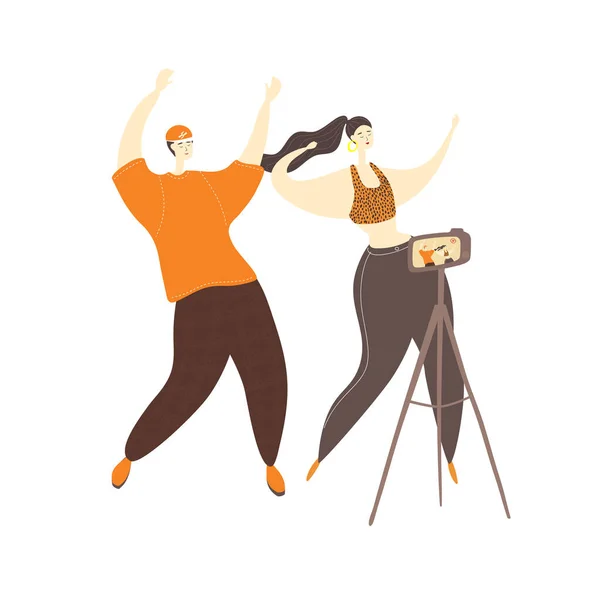 Подростки снимают танцевальное видео. Блогеры танцуют на камеру под музыку. Проблемы социальных сетей. Вектор Стоковая Иллюстрация