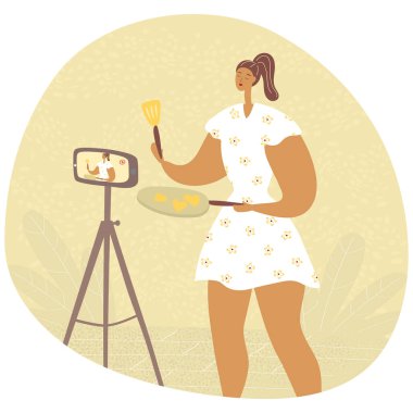 Video blogu hazırlıyorum. Kadın yemek blogcusu takipçiler için video kaydediyor. Kadın vlog 'u ya da aşçılık eğitimi veren kanalı göster. El çizimi vektör illüstrasyonu