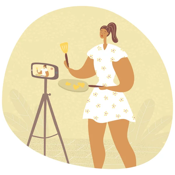 Cooking video blog. Female food blogger is recording video for followers. Women vlog or show channel with culinary tutorial. Hand drawn vector illustration — Stock Vector