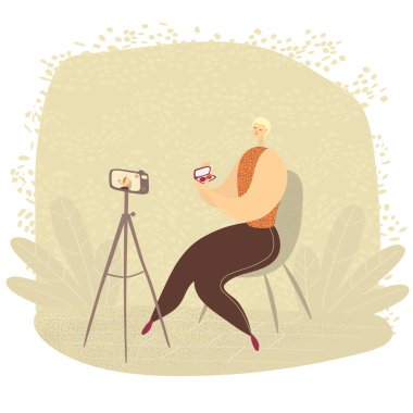 Güzellik blogcusu kameranın önünde. Kozmetik incelemesi. Makyöz ustalığın sırlarını paylaşıyor. Çizgi film vektör illüstrasyonu