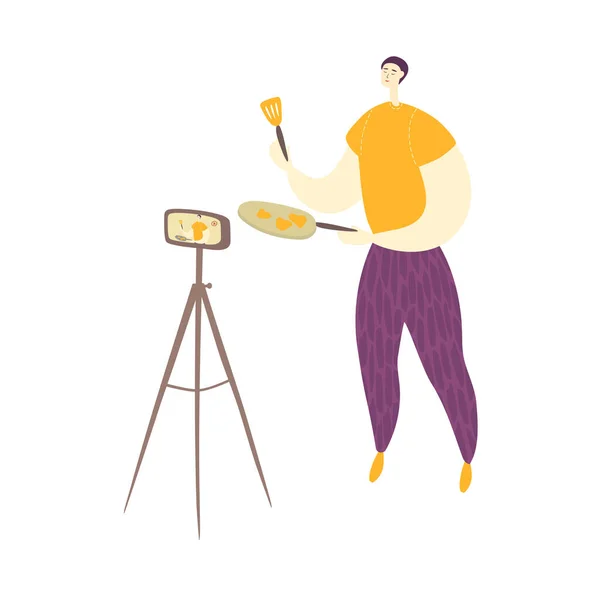 Ο άνθρωπος κρατάει το τηγάνι και την σπάτουλα στα χέρια του. Cook κουζίνα στέκεται μπροστά από την κάμερα και μαγνητοσκόπηση βίντεο. Επίπεδο χαρακτήρα κινουμένων σχεδίων — Διανυσματικό Αρχείο