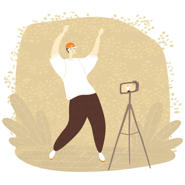 Dance challenge. Guy is dancing and recording video on the camera. Young man choreographs for his online course. Man learns to dance online. Vector illustration in cartoon style — Stock Vector