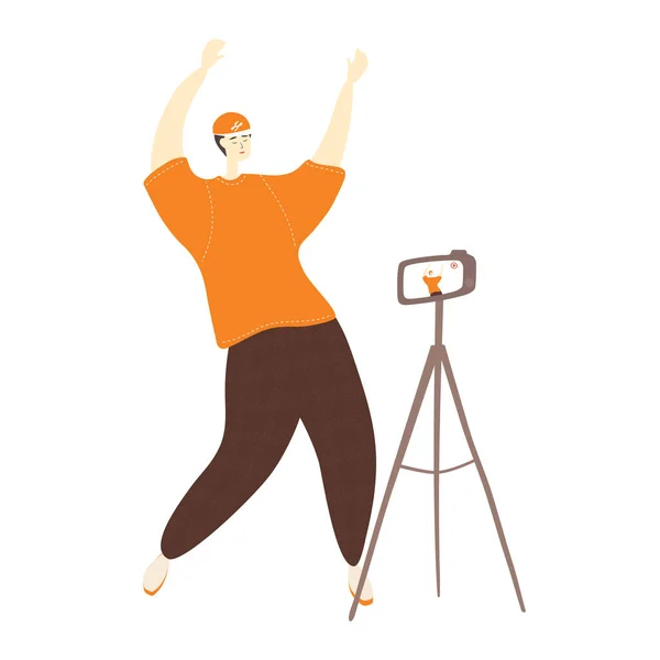 Άντρας μπλόγκερ βίντεο χορεύει στην κάμερα. Ο νεαρός παίζει ζωντανά με το κινητό του. Πρόκληση χορού. Εικονογράφηση φορέα κινουμένων σχεδίων — Διανυσματικό Αρχείο