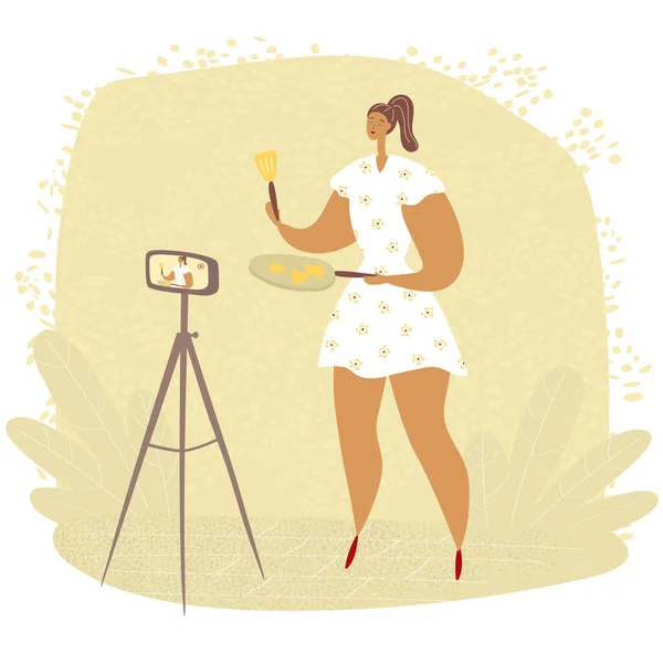 Housewife shares recipe on her blog. Woman films video for followers. Food blogger is broadcasting live. Cooking channel vlog — Stock Vector