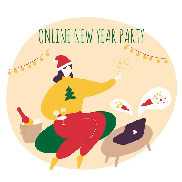 Online Nieuwjaarsfeest Feest Gesloten Toestand Afgelegen Vrienden Familie Bijeenkomst Videochatten — Stockvector