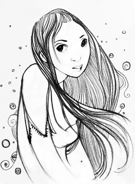 Ескіз - дівчина з довгим волоссям — стокове фото