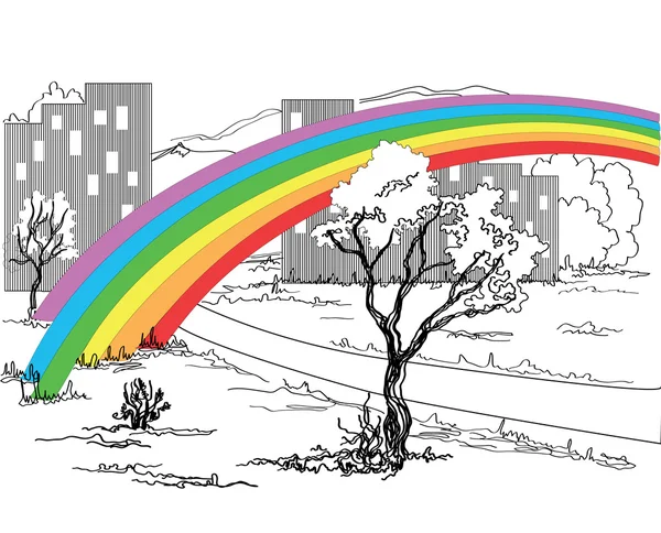 Arco iris sobre la ciudad — Vector de stock