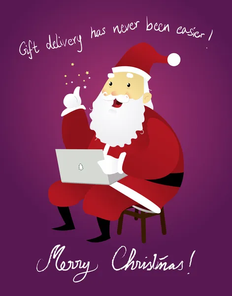 Funny Santa using Laptop on Christmas — Stock Vector