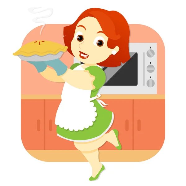 Kvinnan i köket håller paj — Stock vektor