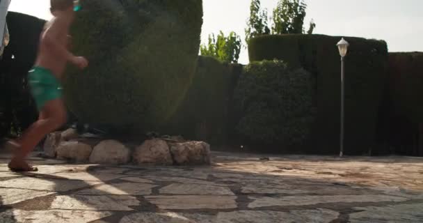 Niedliche glückliche Baby Junge spielt mit Border Collie Hund im Freien vor dem Pool — Stockvideo