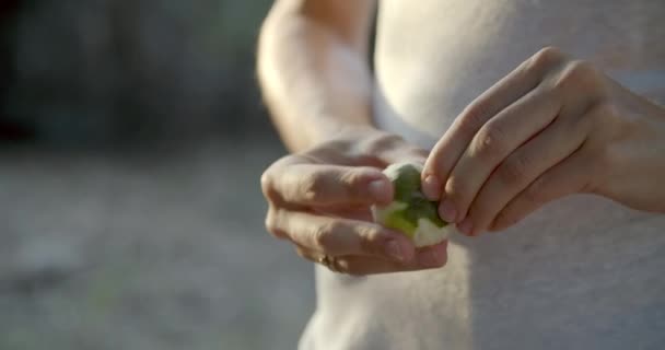 Закройте руки молодой женщине, чистящей инжир, органические фрукты на открытом воздухе вечером в парке — стоковое видео