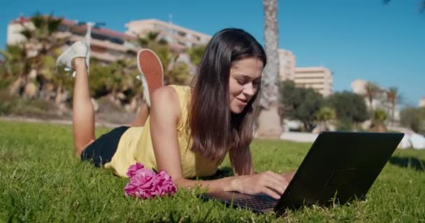 友人と話す公園で屋外で働く若い美しいフリーランスの女性 — ストック動画