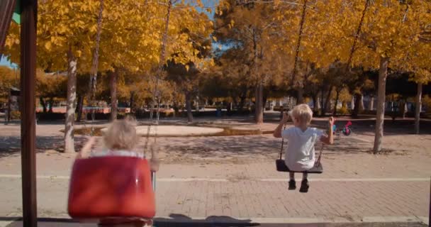 Children swinging on a swing in the park on autumn sunny day — Stock Video