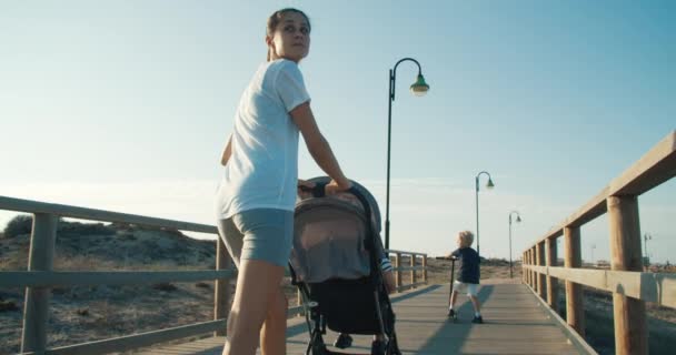 Vista trasera de la mujer con niños caminando en terraplén en la noche de verano — Vídeo de stock