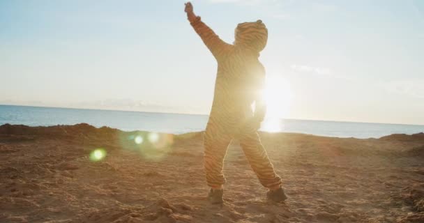 Niños traviesos con un disfraz de tigre en Sunrice haciendo ejercicios deportivos — Vídeo de stock