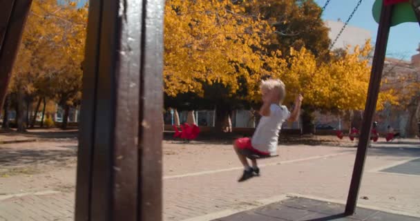 늦출 줄모르는 귀여운 사내 아이와 여자 아이가 가을 파크의 스윙 놀이터에서 — 비디오