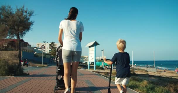 Вид на прогуливающуюся счастливую семью на набережной летним вечером — стоковое видео