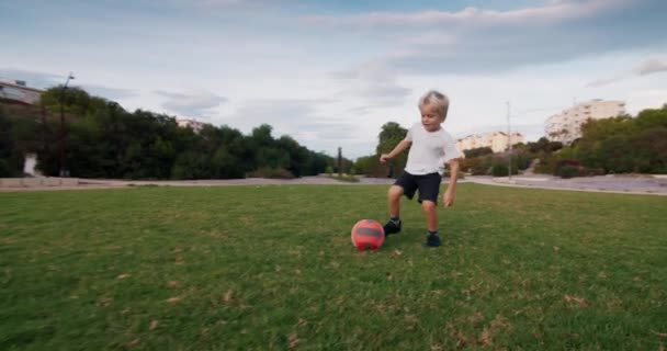 Kinder spielen Fußball auf grünem Rasen im öffentlichen Park bei Sonnenuntergang — Stockvideo