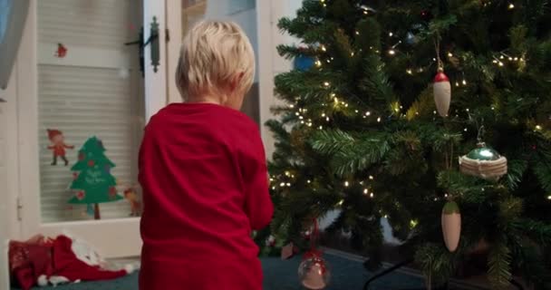 Junge Mutter mit Kindern schmückt abends Weihnachtsbaum im Wohnzimmer — Stockvideo