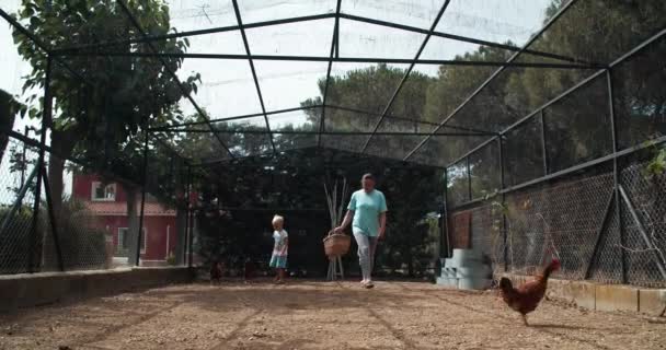 Mujer joven con dos hijos saliendo de gallinero en casa rústica — Vídeos de Stock