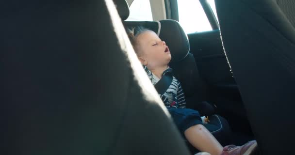 Kleinkind schläft während der Fahrt auf Rückenlehne im Fahrzeug — Stockvideo