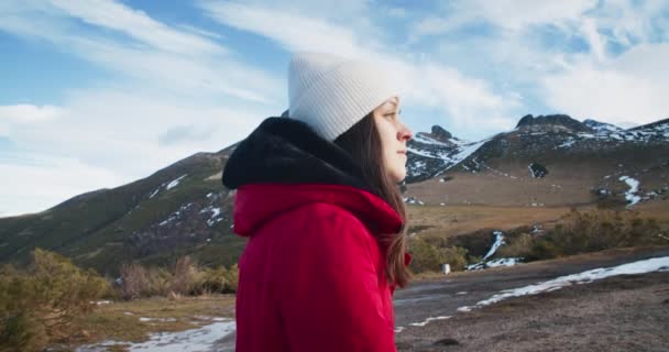 Portrait of young adult woman climbing up the mountain — Vídeo de stock