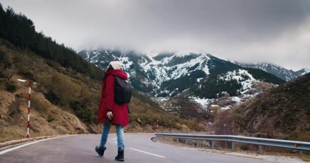 Γυναίκα ταξιδιώτη με σακίδιο στην πεζοπορία σε επικό βουνό που περιβάλλεται από τη φύση. — Αρχείο Βίντεο