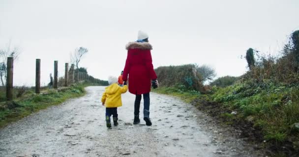 Giovane donna adulta con bambini cammina sulla strada di campagna in avventura di viaggio — Video Stock