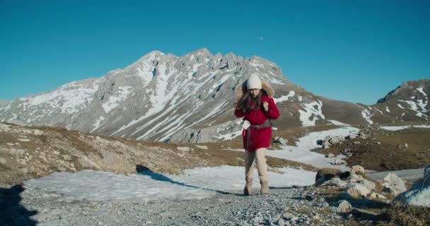 Young adult traveler woman climbing up on mountain road — Video Stock