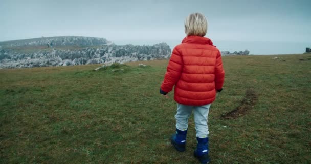 Cute happy child boy walk on green grass to the edge of ocean shore — Stockvideo