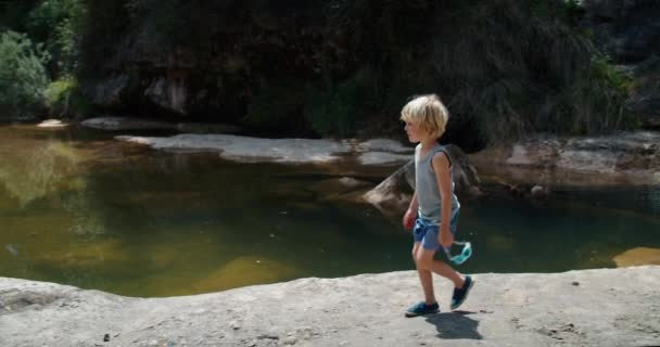 Bambini Spensierati Camminano Lungo Fiume Montagna Bambini Vanno Nuotare Tenendo — Video Stock