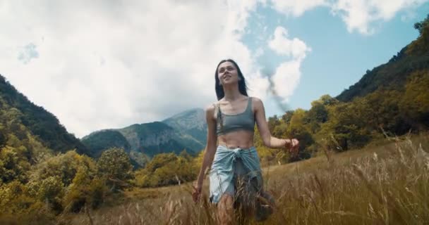 Heyecanlı Bayan Gezgin Yaz Yolculuğunda Dağ Manzaralı Çayırda Yürüyor Destansı — Stok video