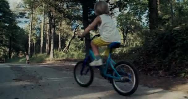 Детская Езда Велосипеде Через Лес Летние Каникулы Маленькая Девочка Падает — стоковое видео