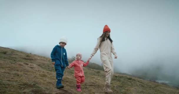 Matka Trzyma Dzieci Ręce Spaceruje Łące Podczas Wakacyjnej Podróży Szczęśliwa — Wideo stockowe