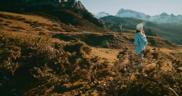 Młoda Dorosła Kobieta Spaceruje Nieuprawianej Łące Podczas Wiosennej Podróży Kobieta — Wideo stockowe
