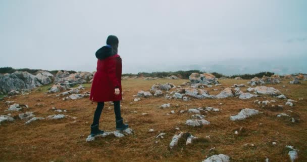 Ispirato Donna Felice Camminare Sulla Costa Fino Bordo Della Scogliera — Video Stock