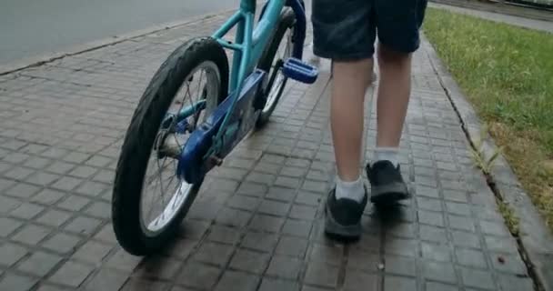 Dzieci Chodzą Ulicą Trzymają Rower Aktywny Wypoczynek Deszczu Dziecko Chłopiec — Wideo stockowe