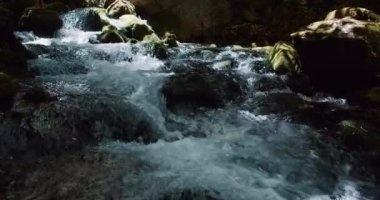Flowing pure water on mountain stream. Waterfall on mountain river. Clean fresh water flow over the rocks on creek