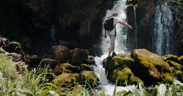 Male Traveler Walk Waterfall Successfully Raise His Hands Young Adult — Stock Video