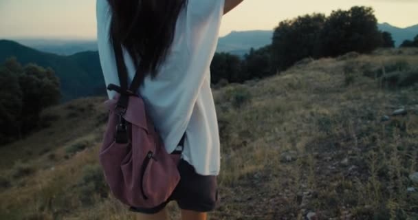 Неузнаваемая Взрослая Женщина Ходит Вершину Горы Рюкзаком Пешая Женщина Летнее — стоковое видео