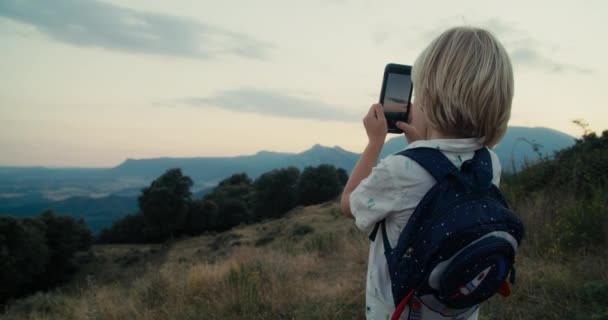 Preschool Children Using Smartphone Hike Travel Adventure Child Boy Stand — ストック動画