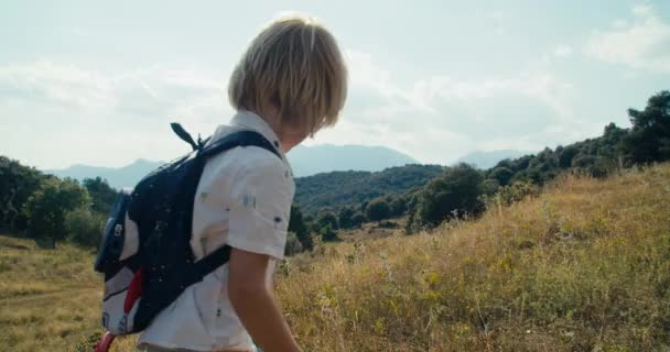 Yaz Tatillerinde Dağda Yürüyen Bir Çocuğun Orta Boy Fotoğrafı Yürüyüşe — Stok video
