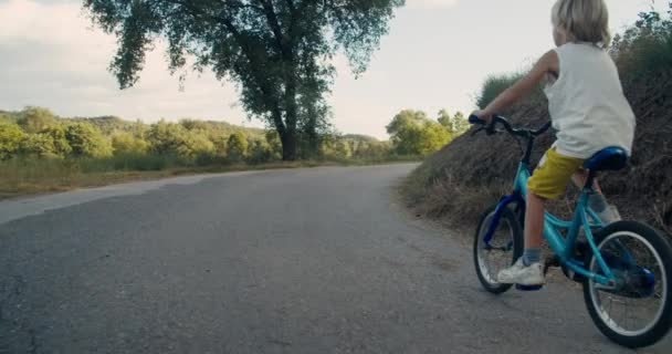 Дитячий Велосипед Велосипеді Вздовж Лугу Літніх Канікулах Активний Хлопчик Їде — стокове відео