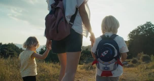 Family Back Walk Together Holding Hands Summertime Hike Travel Backpacks — Vídeo de stock