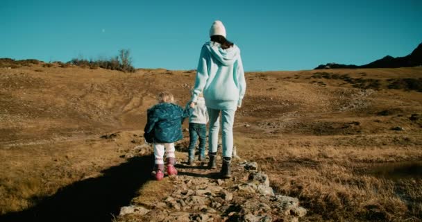 Family Walk Rock Old Bridge Mountain Travel Adventure Woman Holding — Wideo stockowe