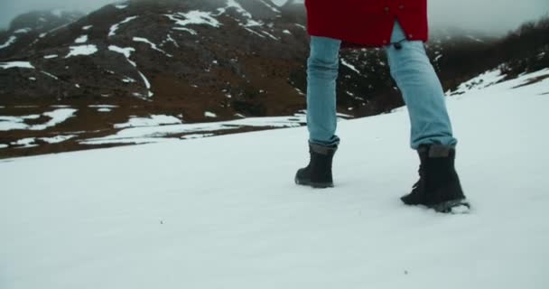 Female Traveler Footsteps Walking Snow Journey Adventure Low Angle Camera — ストック動画
