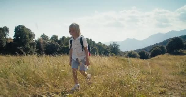 Children Walk Mountain Meadow Vacation Travel Child Boy Backpack Hiking — Wideo stockowe