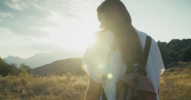 Portrait Female Traveler Backpack Standing Mountain Enjoy Beautiful View Summer — 비디오