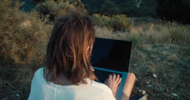 Freelance Programmer Working Outdoor Mountain Summer Journey Man Using Laptop — 비디오